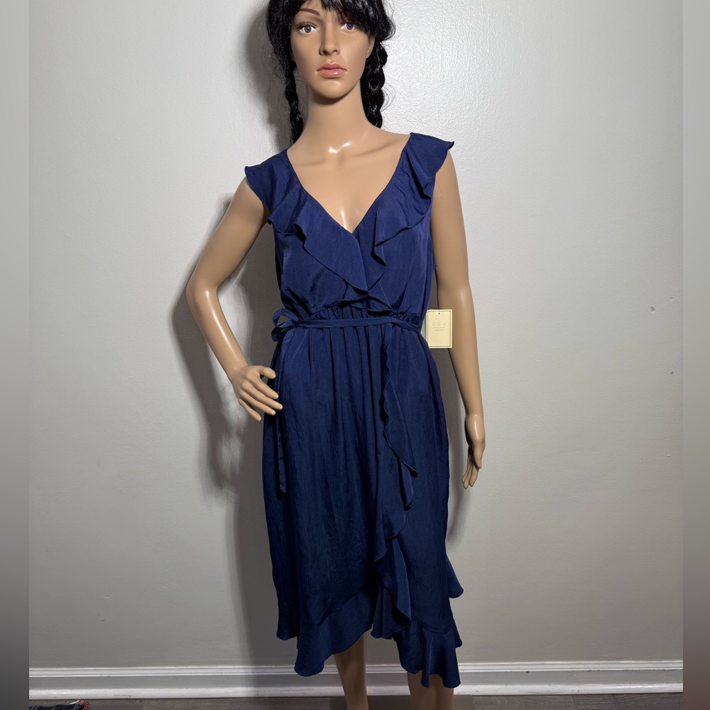 Jonathan Martin Vintage Women’s Blue Ruffle Dress Tie Waist Side Zip Sz L NWT